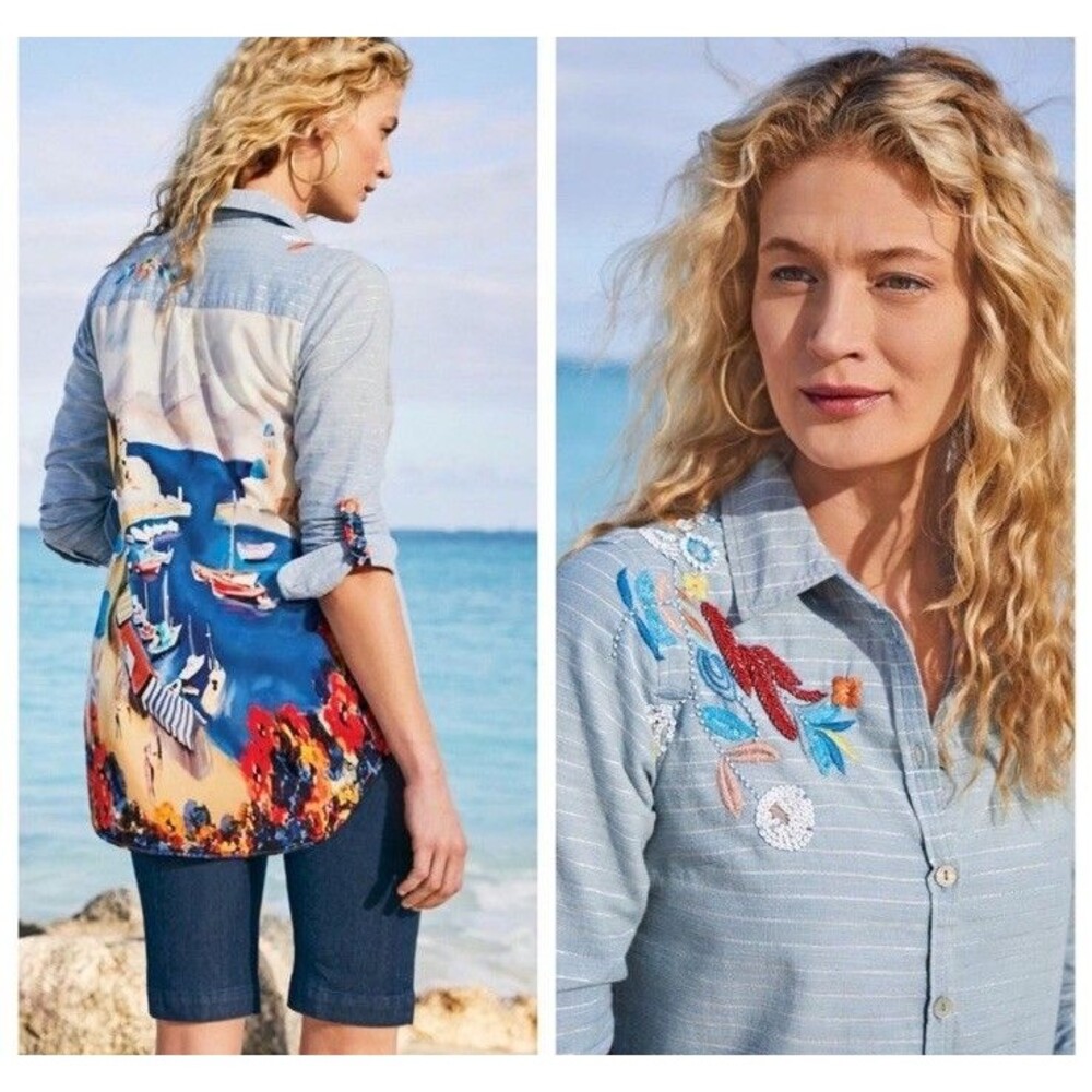 Soft Surroundings Annabella Embellished Shirt Italy- Riviera Back Roll Sleeve L